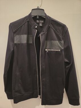 INC International Concepts Black Bomber Jacket with Faux Leather Panels